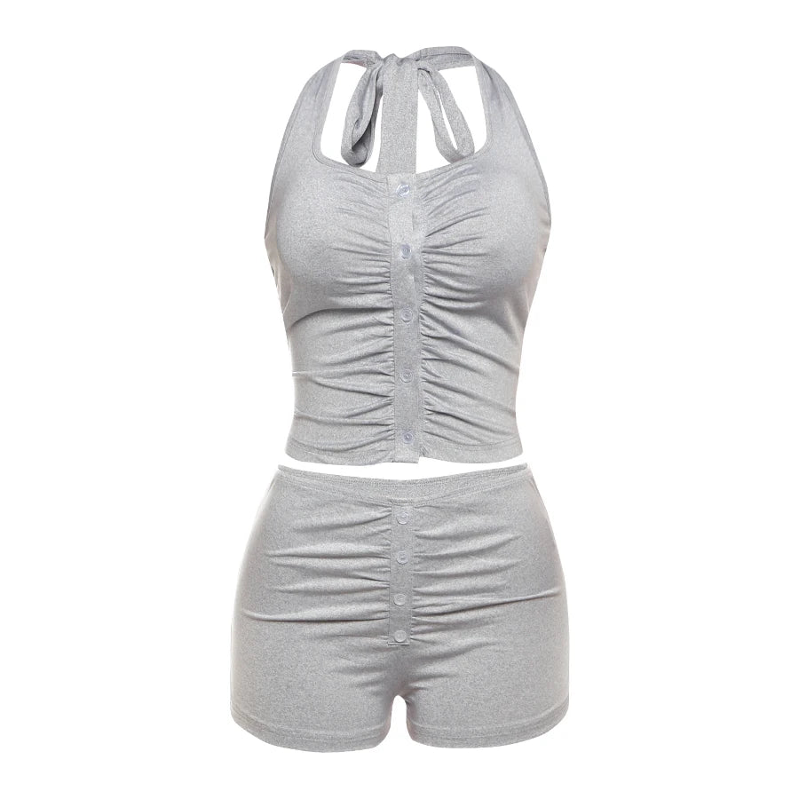 Nibber Folds 2-Piece Set Women Lace-Up Halter Sleeveless Backless v-Neck Tops+Skinny Shorts Summer Trend Street Matching Suits Aviola