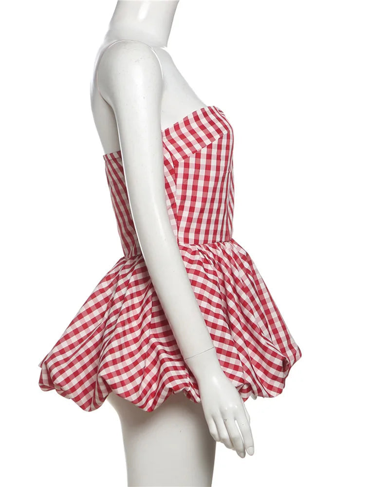 Nibber Red And White Checkered Print Chest Wrap Pleated Fluffy Hem Sleeveless Backless Vacation Versatile Beach Party Trend Tops Aviola