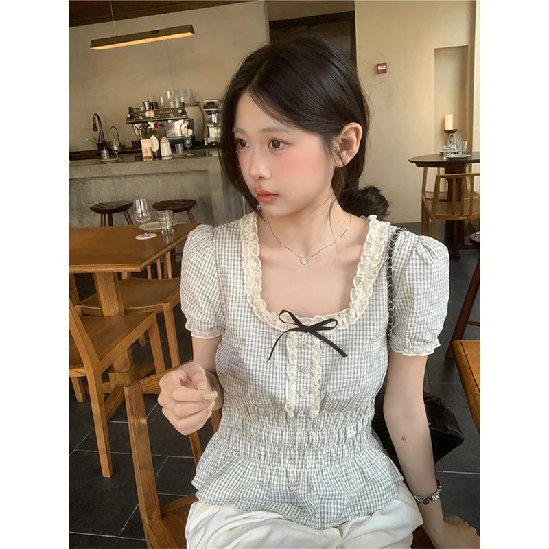 MEXZT Vintage Plaid Shirts Women Japanese Harajuku Bow Lace Patchwork Blouses Summer Kawaii Cute Puff Short Sleeve Casual Tops Aviola