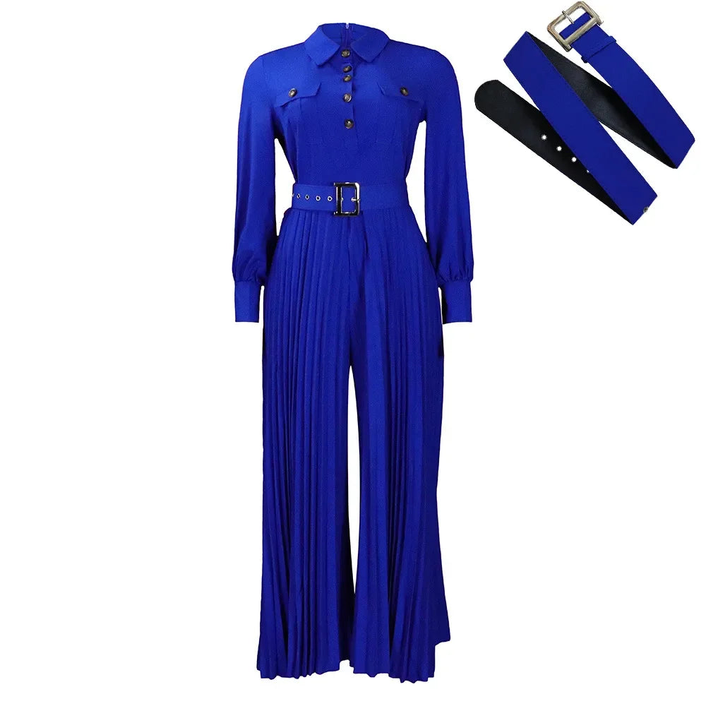 pleated Jumpsuits Women Single Breasted Long Sleeve Rompers Overalls Wide Leg Pants Spliced Sashes Slim Fit One Piece Button Aviola