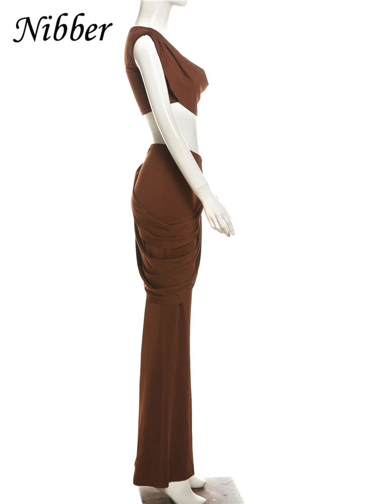 Nibber Pleats Elegant 2 Piece Set Women Sexy Low Neck Sleeveless Crop Tops+Irregular Waist Tassel Straight pants Fashion Suit Aviola