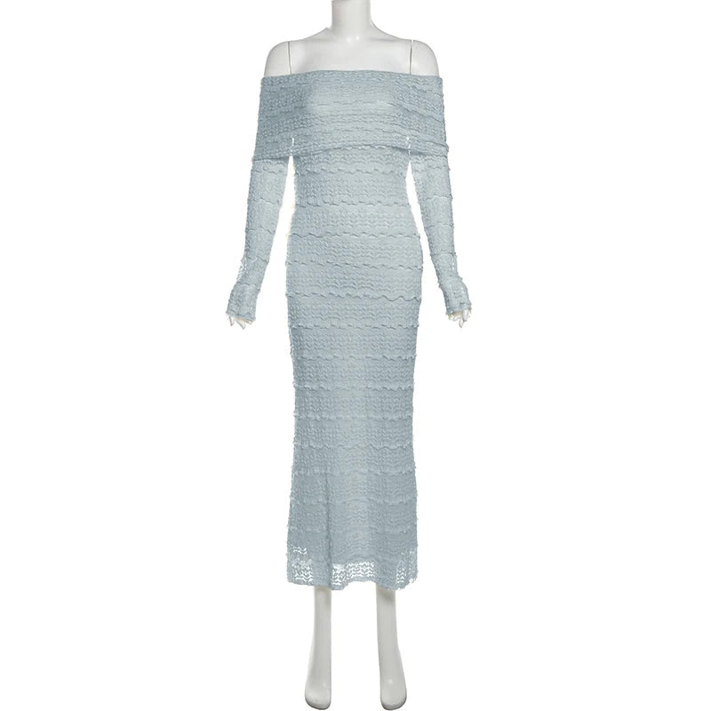 Nibber See Through Vacation Dress Women Jacquard Lapel Slash Neck Backless Full Sleeve Beach Party Elegant Chic Long Bodycon Aviola