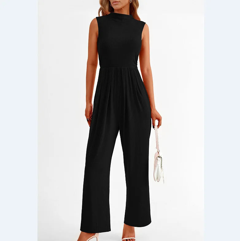 Women Jumpsuits One Piece O Neck Sleeveless Rompers Overalls Solid Wide Leg Pants Pockets High Waist Ankle Length Basics 2025 Aviola