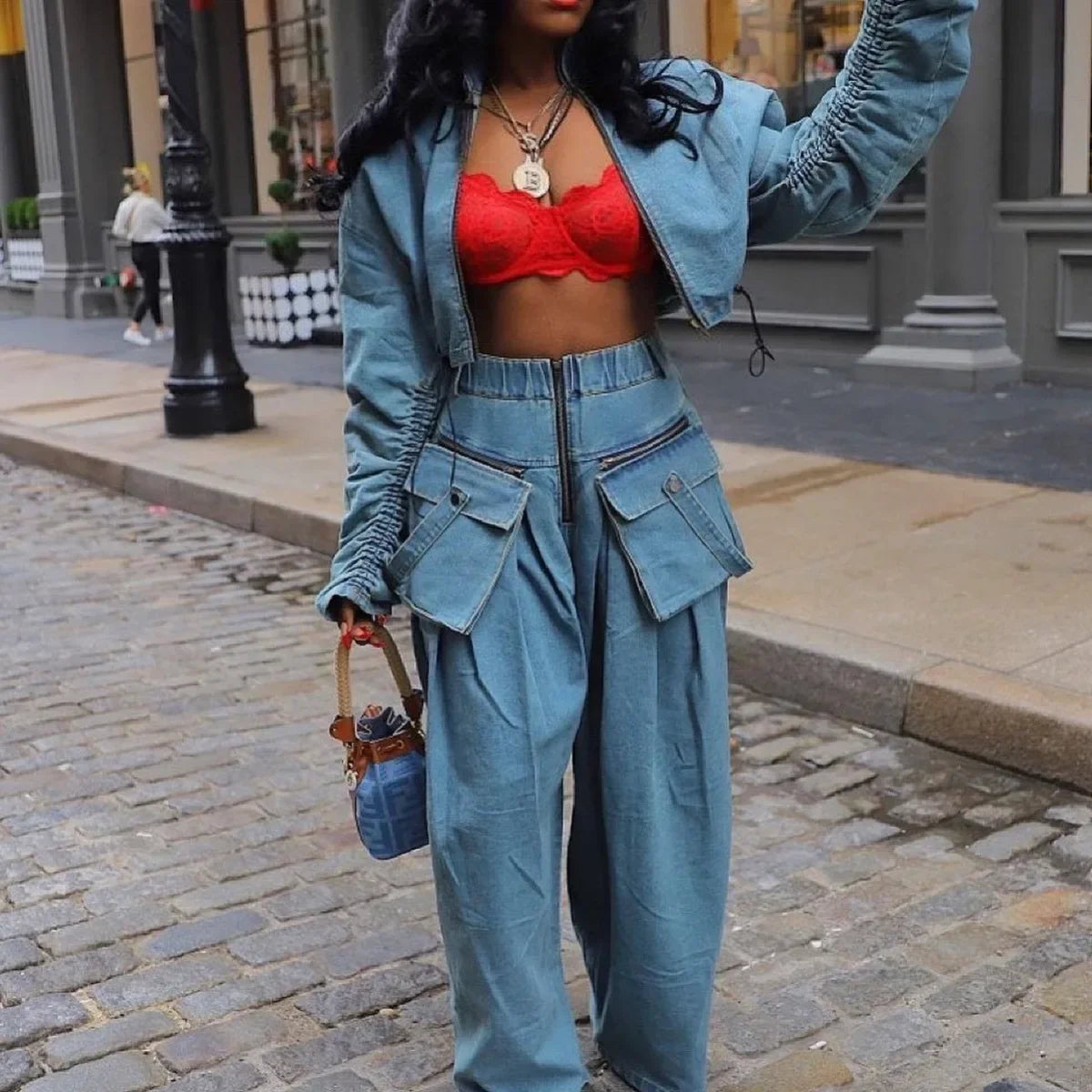 Denim Two Piece Sets Women Coat Jacket Wide Leg Pants Jeans Suits Matching Sets Trousers Outfits 2025 Y2k Streetwear Party Aviola