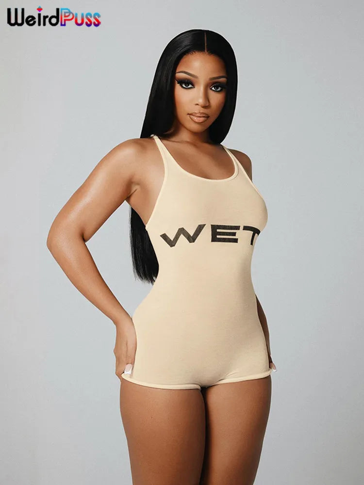 nibber Letter Print Romper Women Low-Neck Sporty Casual Sleeveless Stretch Activity Skinny Playsuit Tight Short Overalls Aviola