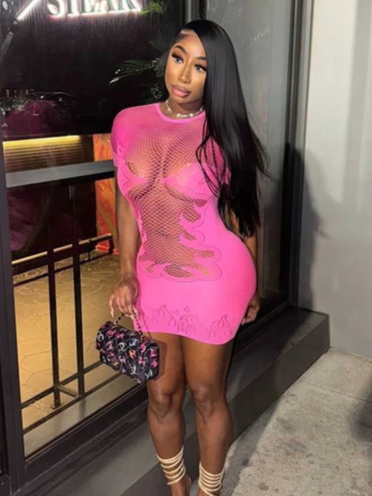 Nibber Hottie Sexy See Through Dress Women Flame Patchwork Print o-Neck Short Sleeve Skinny Peach Hip Street Hipster Outfits Aviola