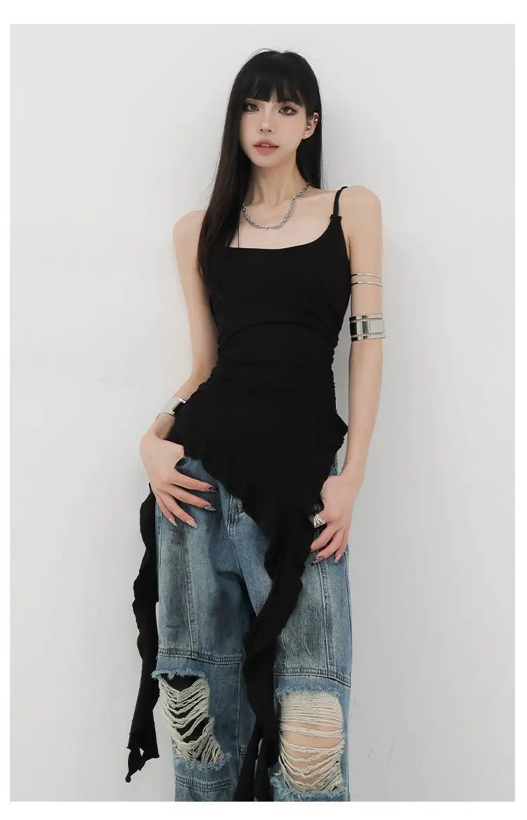 MEXZT Y2K Irregular Black Tank Top Women Grunge Aesthetic Sexy Backless Camis Gyaru Streetwear Korean Tees Summer Design Tanks Aviola