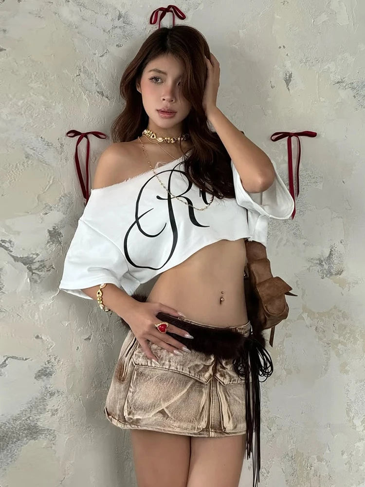 Nibber Classic Loose Letter Print Mini t-Shirt Women Summer Trend Biased Collar Versatile Street Skinny Simple Party Daily Tops Aviola