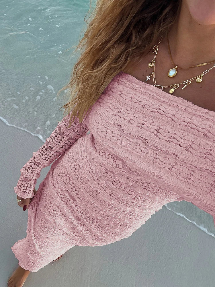 Nibber See Through Vacation Dress Women Jacquard Lapel Slash Neck Backless Full Sleeve Beach Party Elegant Chic Long Bodycon Aviola