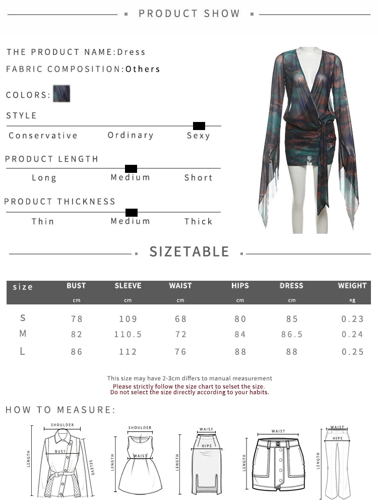 Nibber Sexy See Through Tie-Dye Dress Women Deep V-Neck Lace-Up Backless Loose Full Sleeve Summer Party Coquette Mini Bodycon Aviola