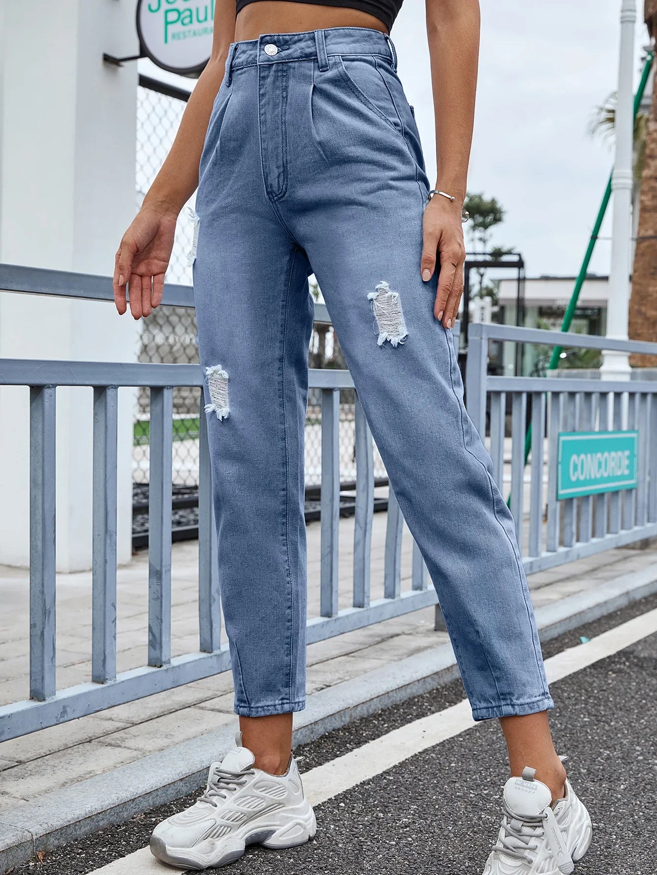 Distressed Women Jean Straight Pants High Waist Ankle Length Jeans Ripped Loose Fit Basics Washed Denim Pants Hole Autumn Aviola