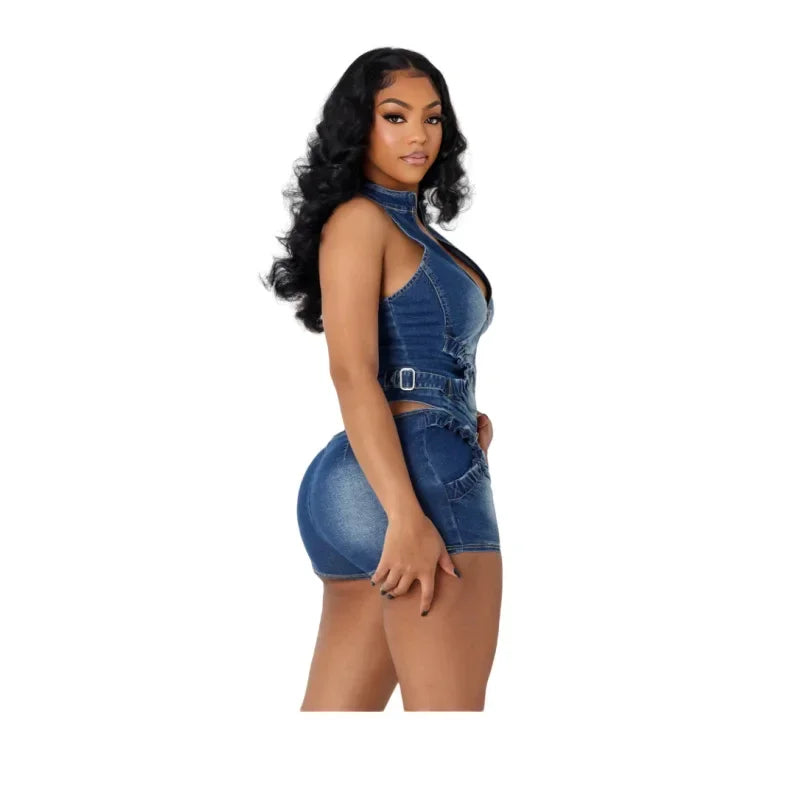 Denim Shorts Women Suit 2 Piece Sets Sexy Vest Top Sleeveless Matching Sets Zipper Fly Jeans Short Pants Outfits Streetwear 2025 Aviola
