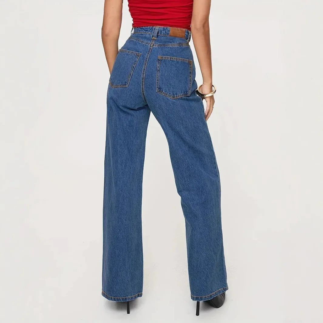 Jeans Women Vintage Straight Pants High Waist Washed Distressed Button Pockets 2025 Streetwear Mom Y2k Basis Denims Trousers Aviola