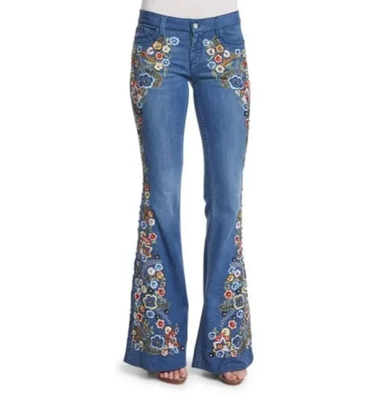 Distressed Flare Jeans Women High Waist Denim Blue Pant Vintage Embroidery Ankle Length Pants Casual Basics 2025 Pockets Loose Aviola