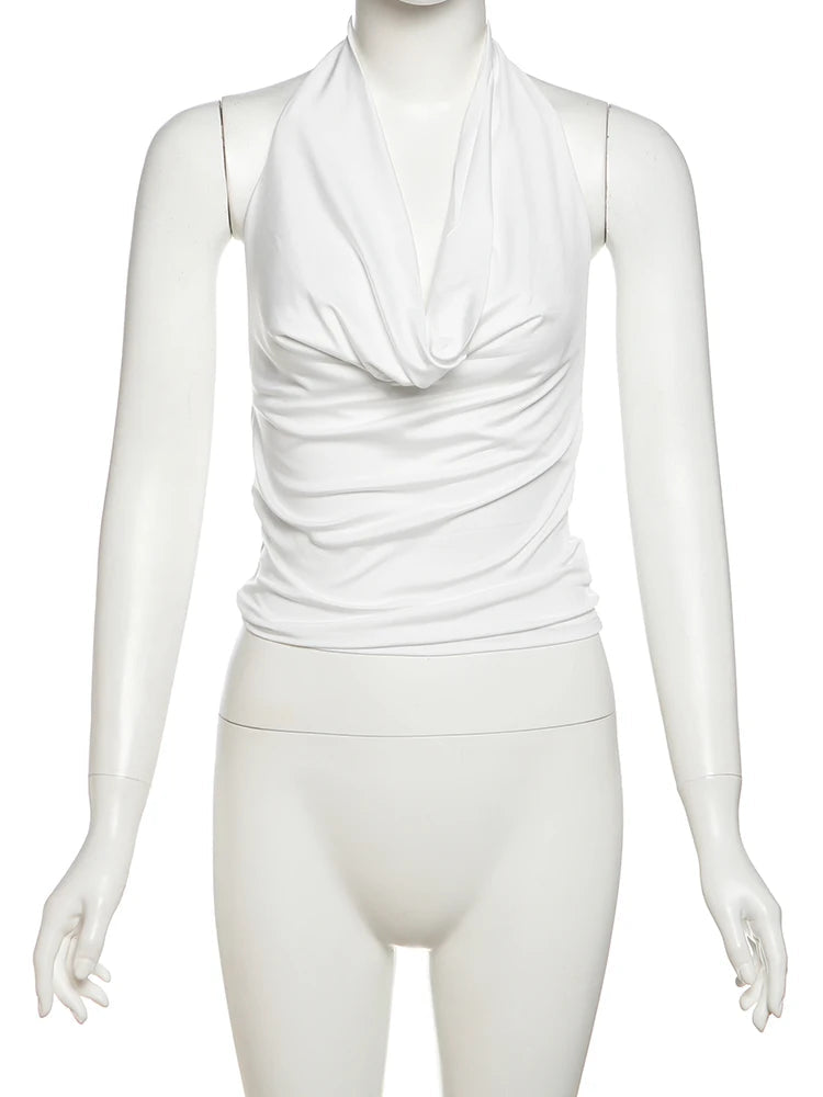 Nibber Swing Collar Vests Women Backless Halter Folds Skinny Street Versatile Daily Fashion Sexy Summer Temperament Mini Tops Aviola