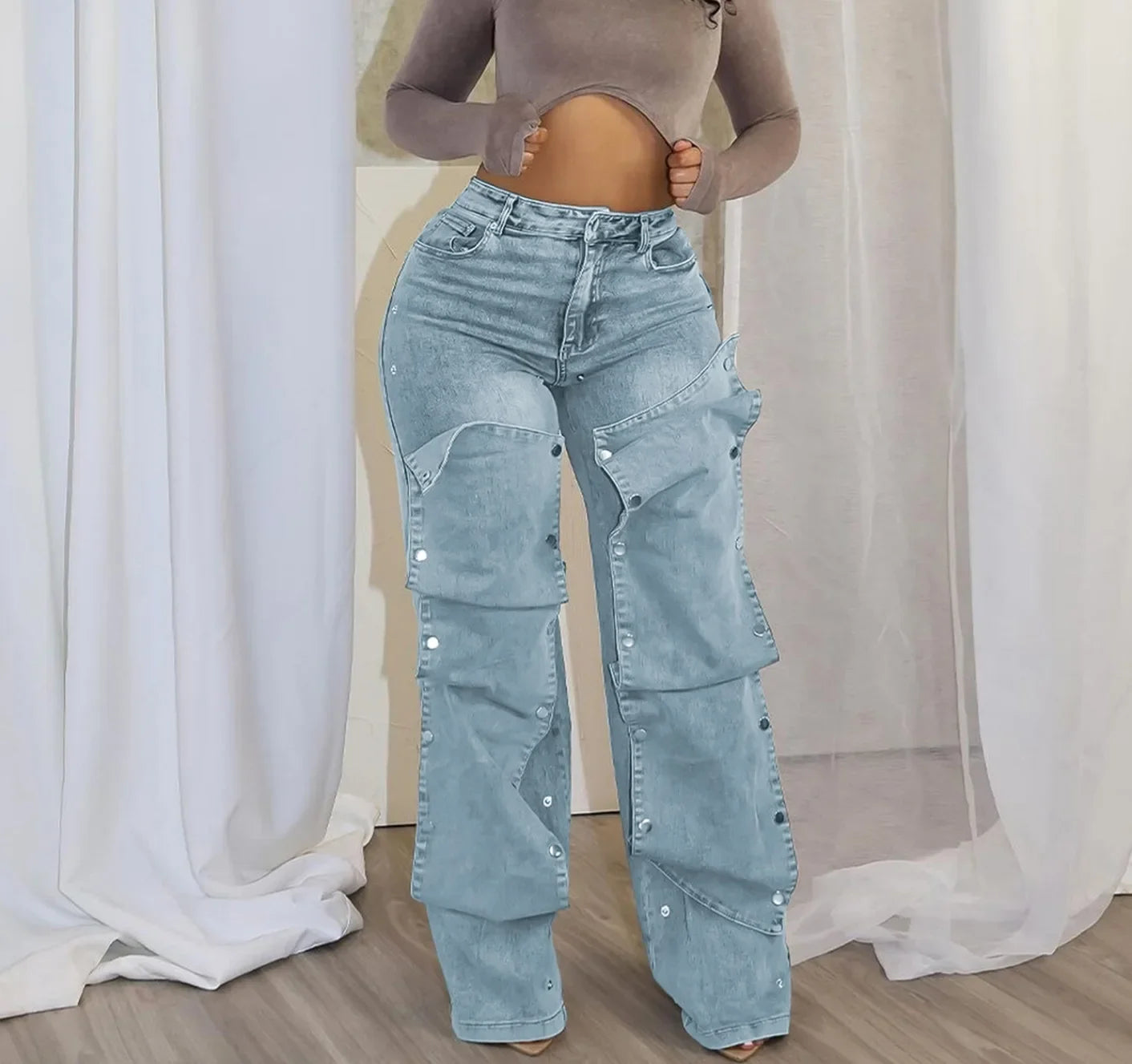 Jeans Denim Pants Women Straight Button Pockets High Waist Mom Floor Length Washed Distressed Strech Trousers 2025 Streetwear Aviola