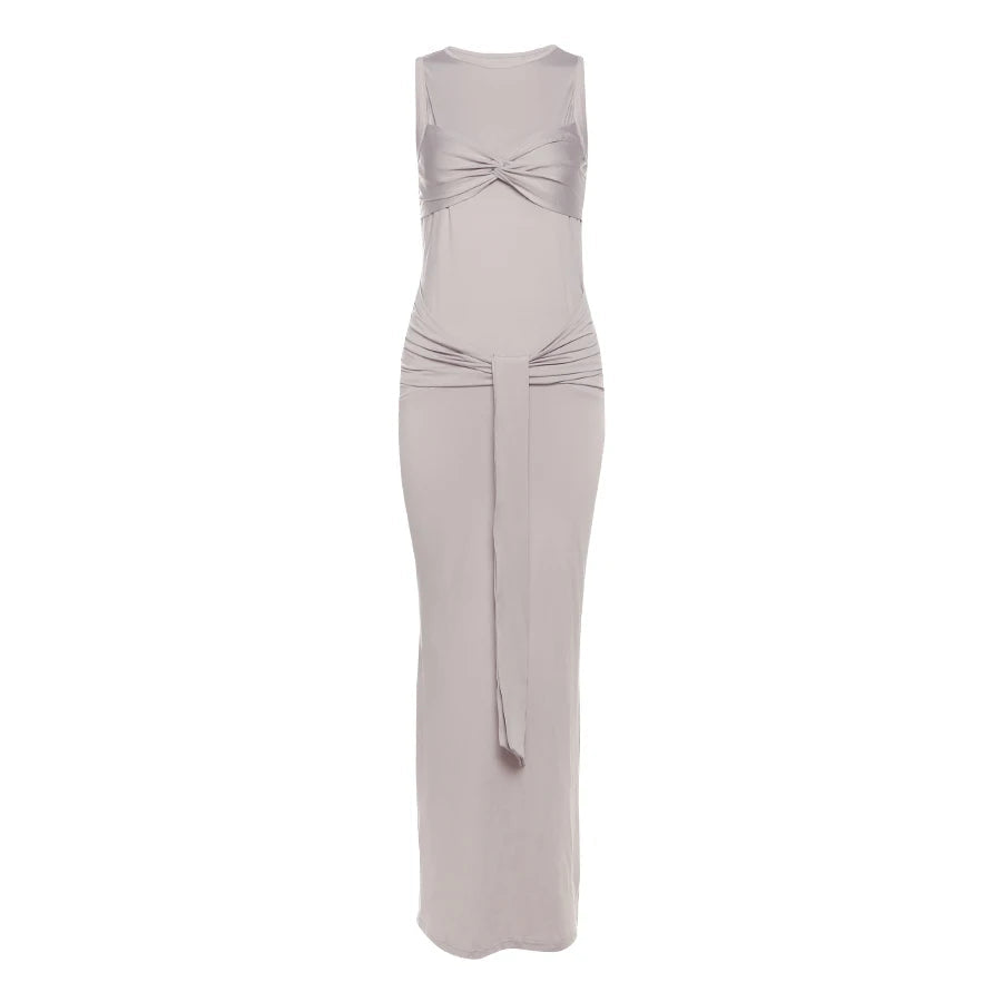 Nibber Elegant Ruched Knot Dress Women Chest Wrap Y2K Long Ribbon Solid o-Neck Simple Streetwear Stretch Sleeveless Vestidos Aviola