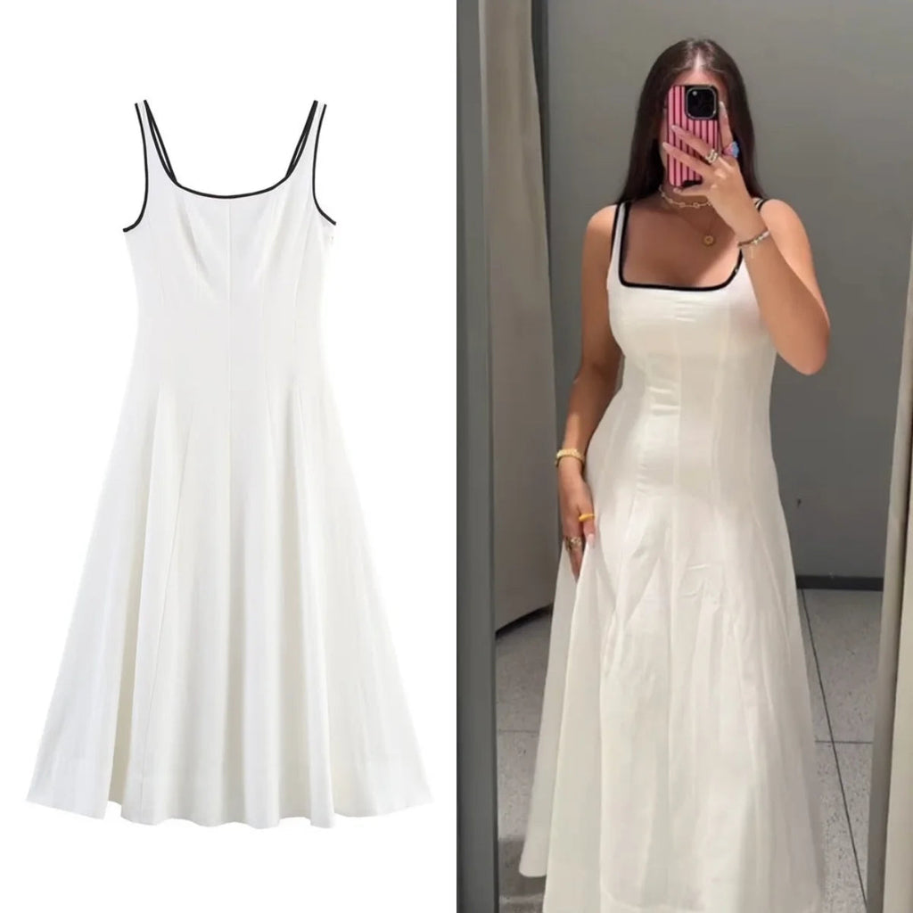 UNIZERA Contrast Edge Midi Dress 2025 Summer New Arrivals Women's Casual Loose Suspender Dress Aviola