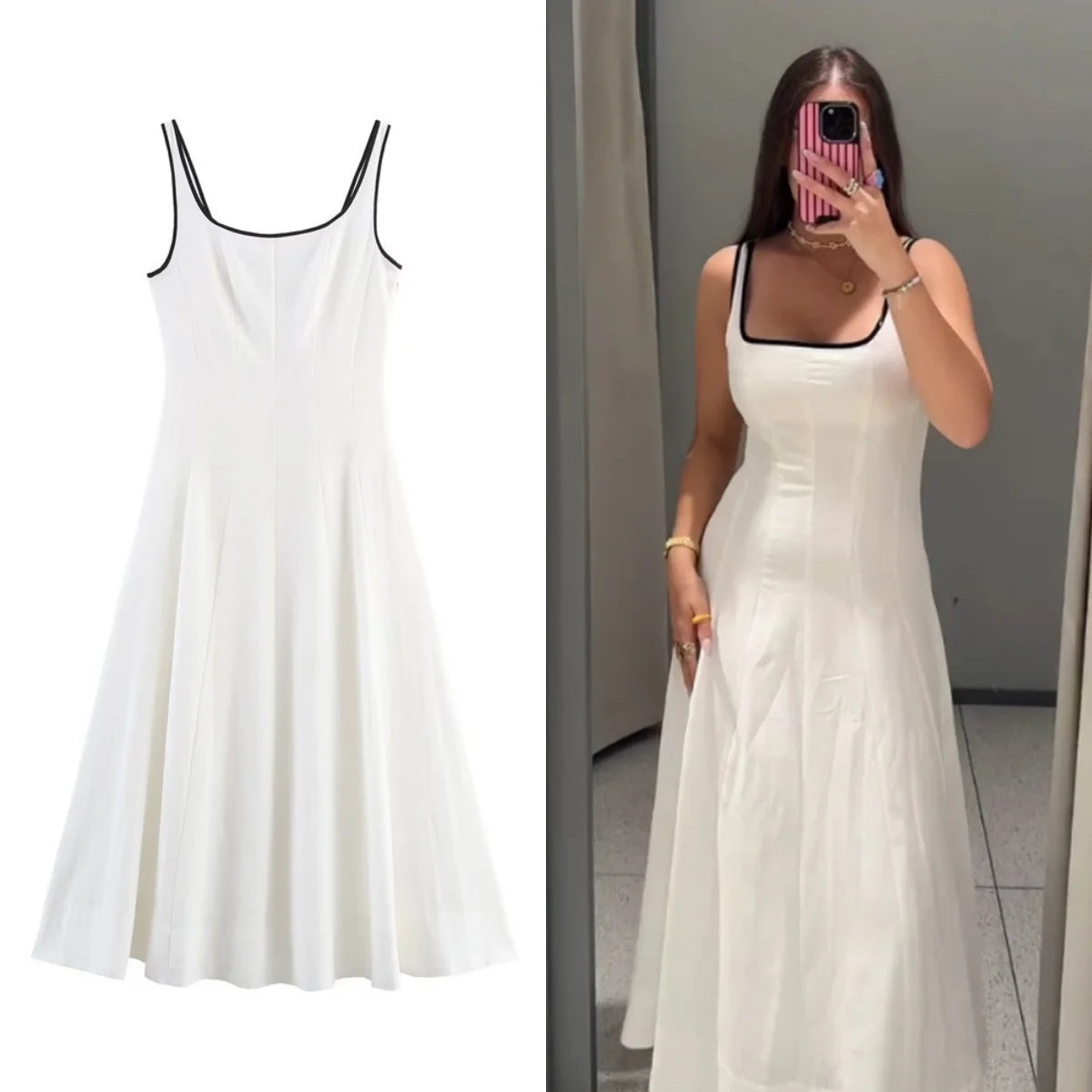 UNIZERA Contrast Edge Midi Dress 2025 Summer New Arrivals Women's Casual Loose Suspender Dress Aviola