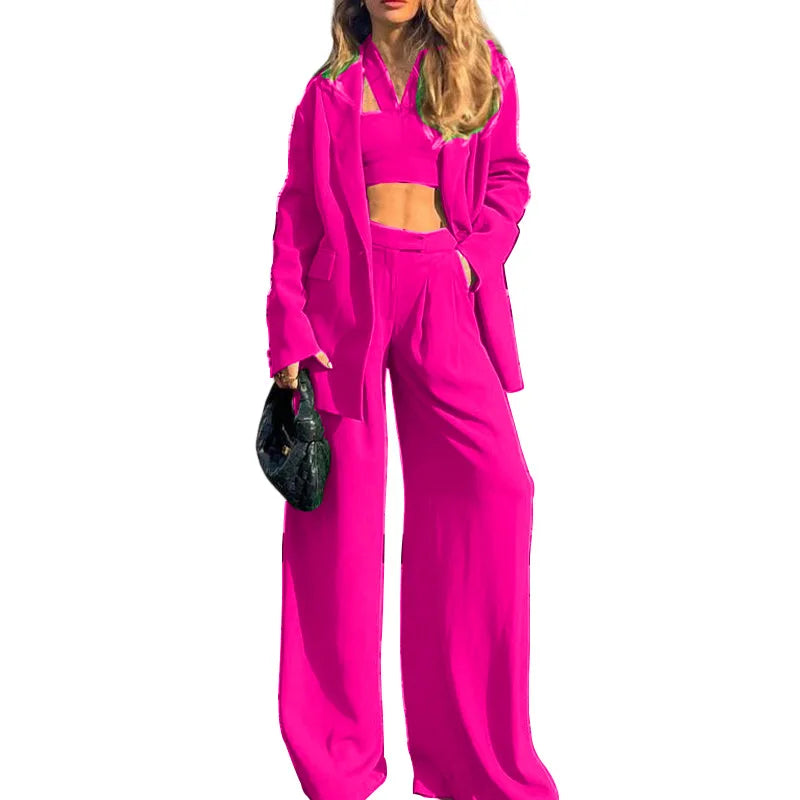 Women Tracksuit Three Pieces Set Turn Down Collar Cardigan Single Button Solid Outerwear Pockets Wide Leg Pants Office Lady Aviola