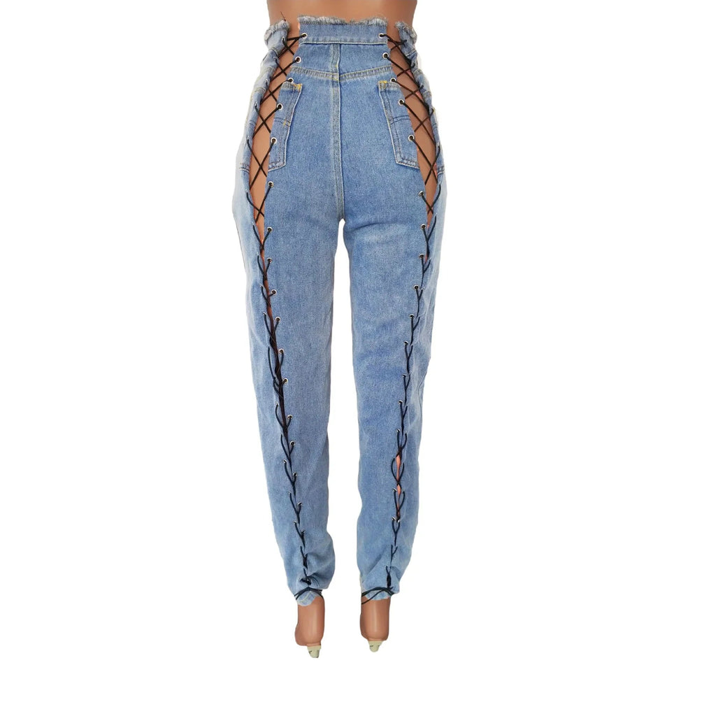 Ankle Length Jeans Hollow Spliced Sexy Jean Pencil Denim Pants Women Solid Washed Skinny Pockets High Waist Punk Style 2025 Aviola