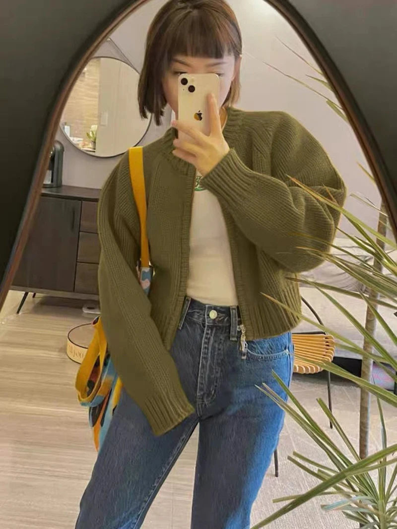MEXZT Solid Knitted Cardigan Women Sweet Zipper Cropped Sweaters Korean Vintage Casual Knitwear Coat Loose Short Jumpers Jackets Aviola
