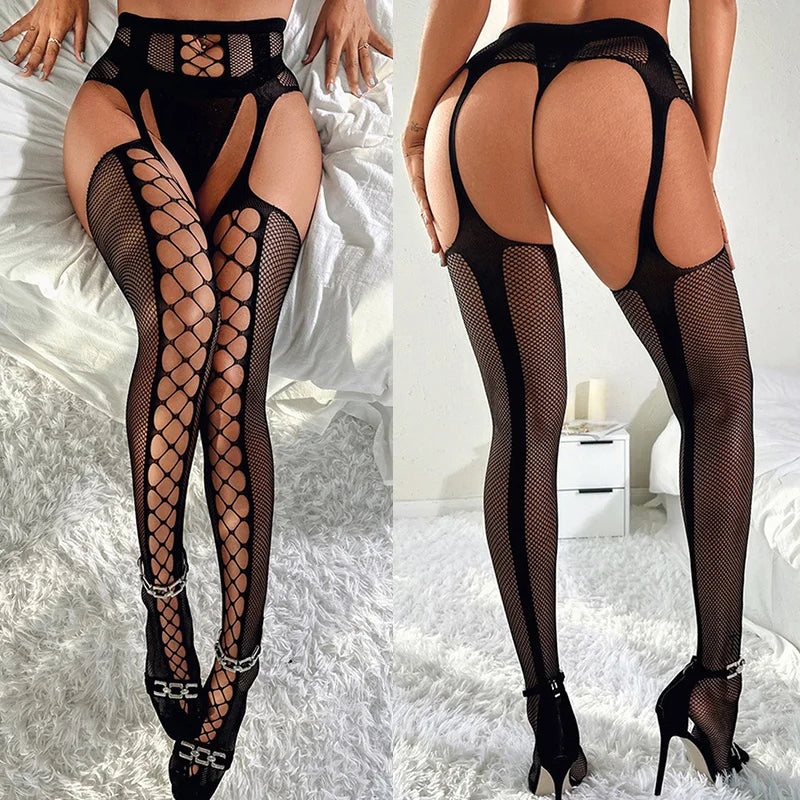 Women High Fishnet Open Croth Tights Erotic Lingerie Black Stockings With Garter Sexy Pantyhose Stripes Long Mesh Lace Stockings Aviola
