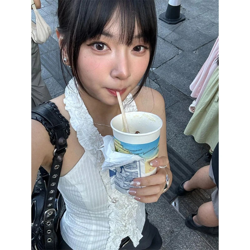 MEXZT Y2K Cropped White Shirts Women Aesthetic Sexy Halter Ruffles Blouses Summer Korean Fashion Off Shoulder Slim Design Tops Aviola