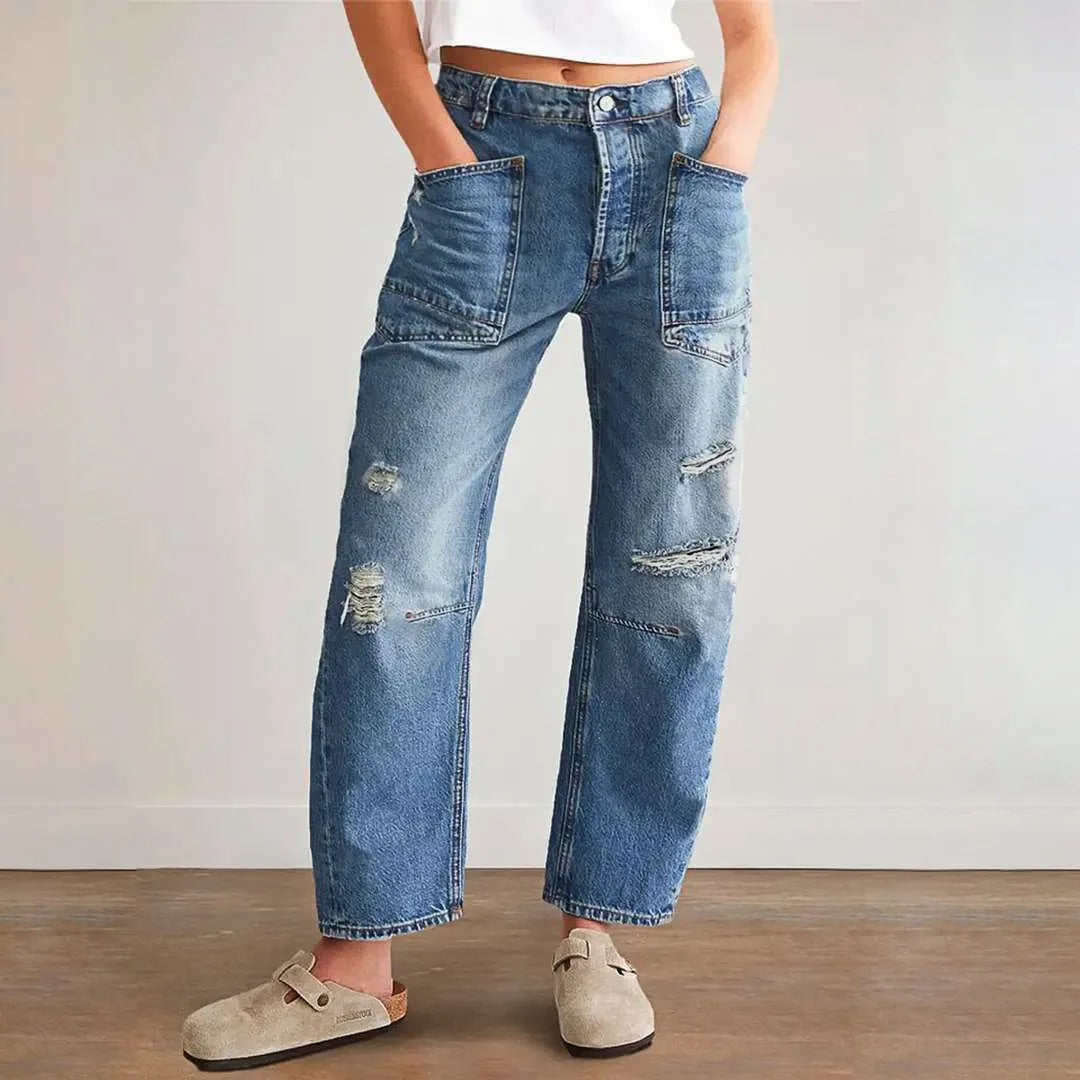 Denim Pant Women Jeans Long Pants Slim Club High Waist Straight Trousers Y2k Streetwear Elegant Causal Splice Work Hole 2025 Aviola