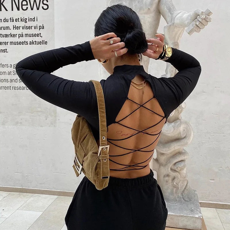 European and American Y2K Autumn/Winter New Round Neck Long sleeved Sexy Open Back Tie Slim Fit T-shirt for Women Aviola