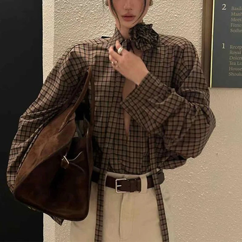 MEXZT Y2K Hollow Out Plaid Shirts Women Vintage Streetwear 3D Floral Lace Up Blouses Harajuku Long Sleeve Loose Design Tops New Aviola