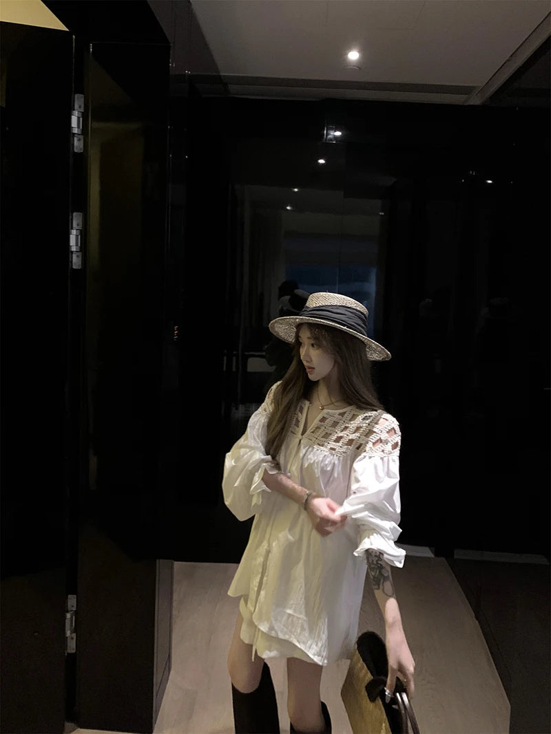 MEXZT Vintage White Shirts Women Streetwear Hollow Out Oversized Blouses Summer Ladies Korean Lantern Long Sleeve Casual Tops Aviola