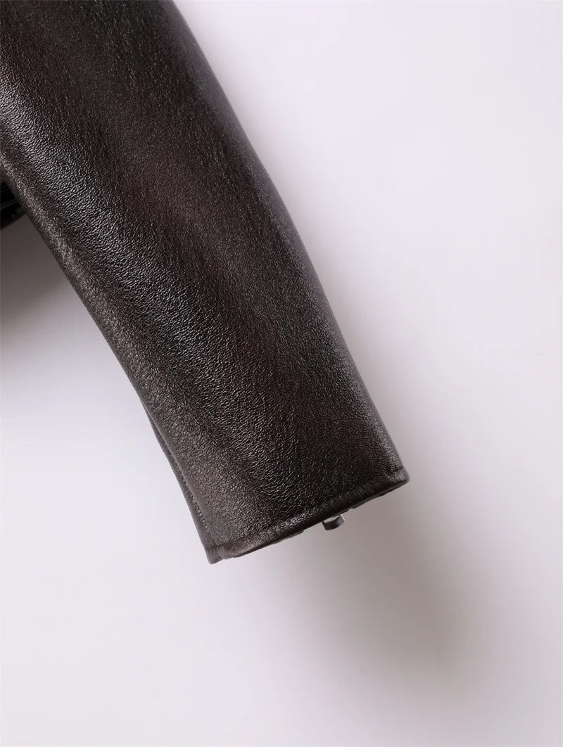 Dark brown Coal graysty le Women's washed leather jacket with belt, short coat with downgraded zipper and vintage lapel jacket Aviola