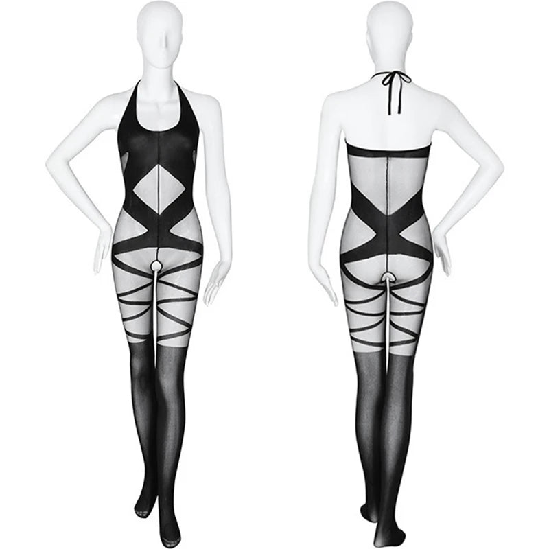 Erotic Lingerie Women Transparent Bra Set Sexy Catsuit Open Crotch Body Stockings Halter Backless Bodysuit Teddy Underwear Set Aviola