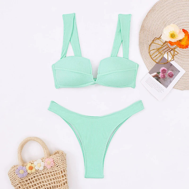 2024 Sexy Soild Micro Bikini Women Bandeau Padded Thong Swimsuit Female Push Up Swimwear Cut Out Bathing Suit Biquini Beachwear Aviola