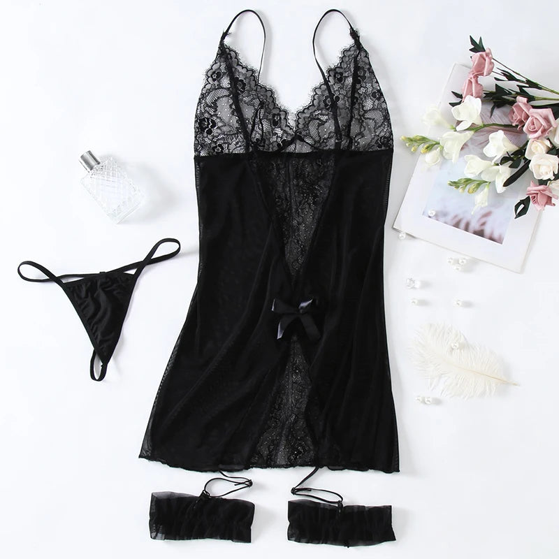 Lace Mesh Transparent Lingerie Women Sexy Deep V Babydoll Dress With Thong Set Erotic Costumes Female Teddy Baby Dolls Nightgown Aviola