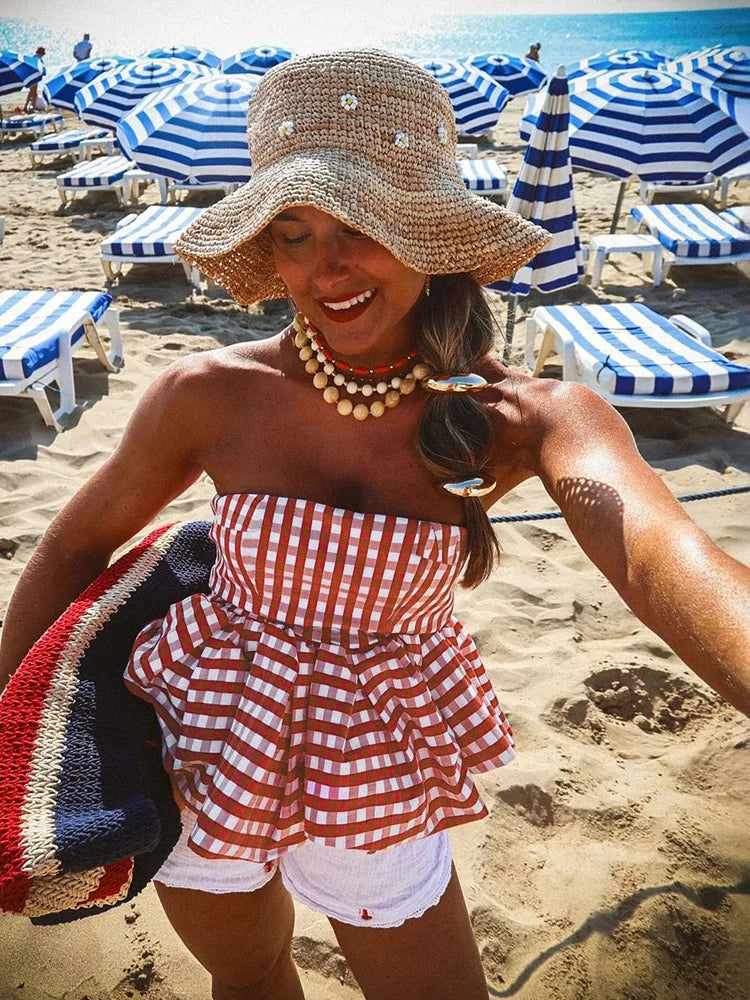Nibber Red And White Checkered Print Chest Wrap Pleated Fluffy Hem Sleeveless Backless Vacation Versatile Beach Party Trend Tops Aviola