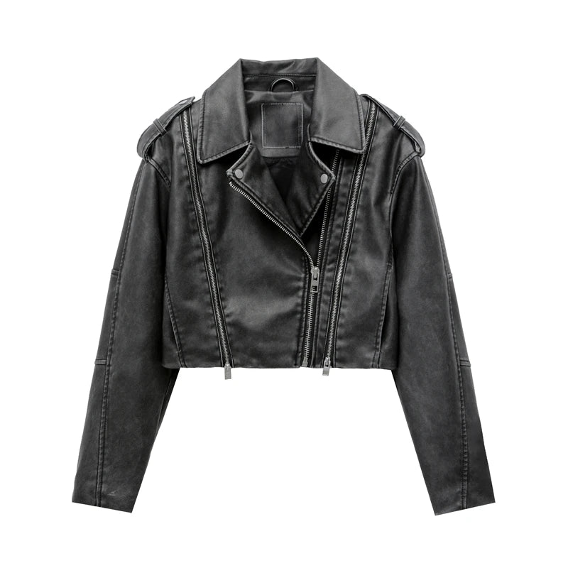 RARF 2024 Women's new short make old effect imitation leather motorcycle jacket jacket women's washed gray leather coat Aviola