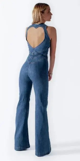 One Piece Denim Jumpsuit Summer New Slim Thin Backless High Waist Overalls Jeans Sleeveless Zipper V Neck Rompers Long Pants Aviola