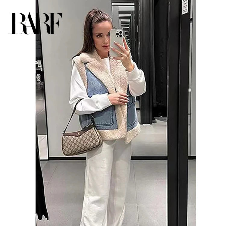 RARF 2024 women's new autumn and winter jeans do old wash and cashmere lamb vest women's top clip coat Aviola