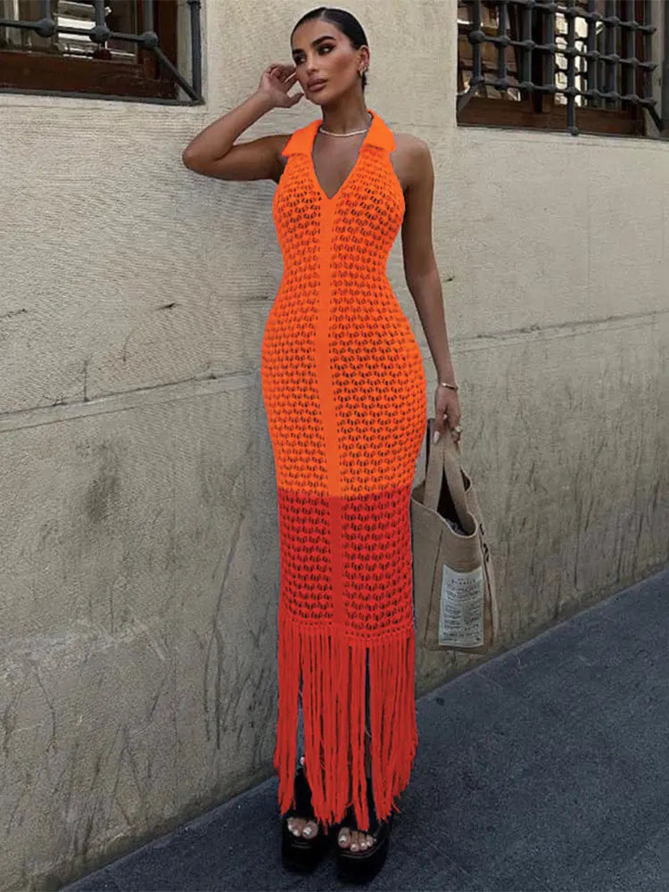 Nibber Tassel Mesh Patchwork Dress Women Solid See Through Sexy Sheath Y2K Casual Summer Trend Midnight Clubwear Party Vestidos Aviola