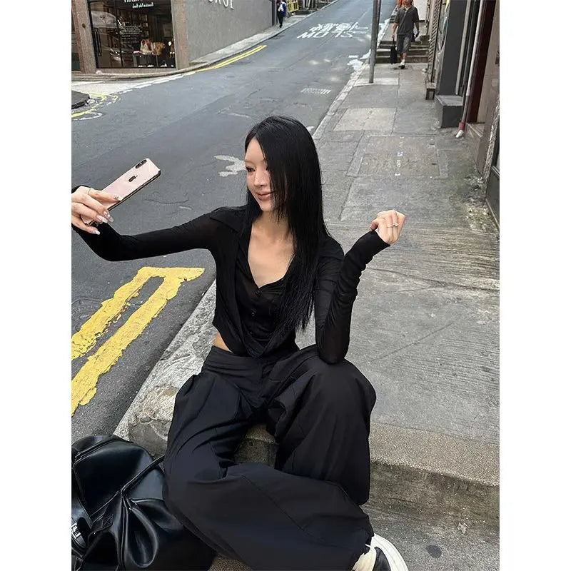 MEXZT Y2K Coquette Black T Shirts Women Sexy Cropped V Neck Sheer Tops Gyaru Aesthetic Korean Fake Two Piece Long Sleeve Tees Aviola