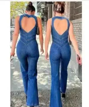One Piece Denim Jumpsuit Summer New Slim Thin Backless High Waist Overalls Jeans Sleeveless Zipper V Neck Rompers Long Pants Aviola