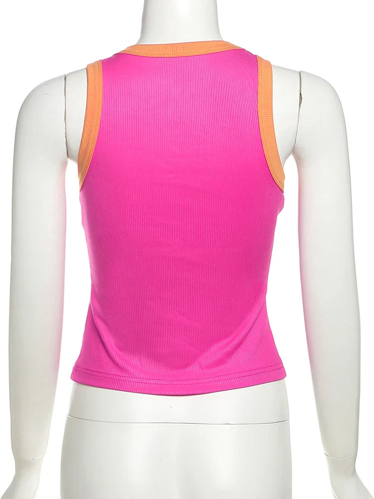Nibber Sweet Patchwork Vests Women Digital Printing o-Neck Elasticity Skinny Street Daily Hottie Sporty Simple Classic Tops Aviola