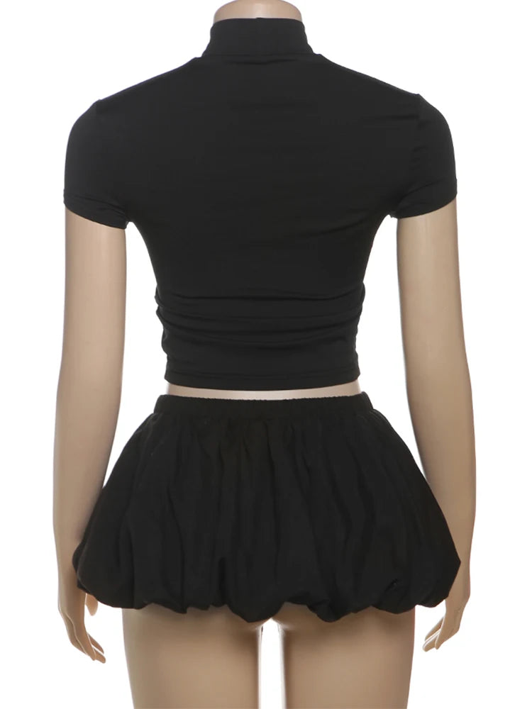 Nibber Hottie Casual 2 Piece Set Women Letter Print Shorts Sleeve Crop Tops+Puffy Skirt Simple Basic Matching Streetwear Outfits Aviola