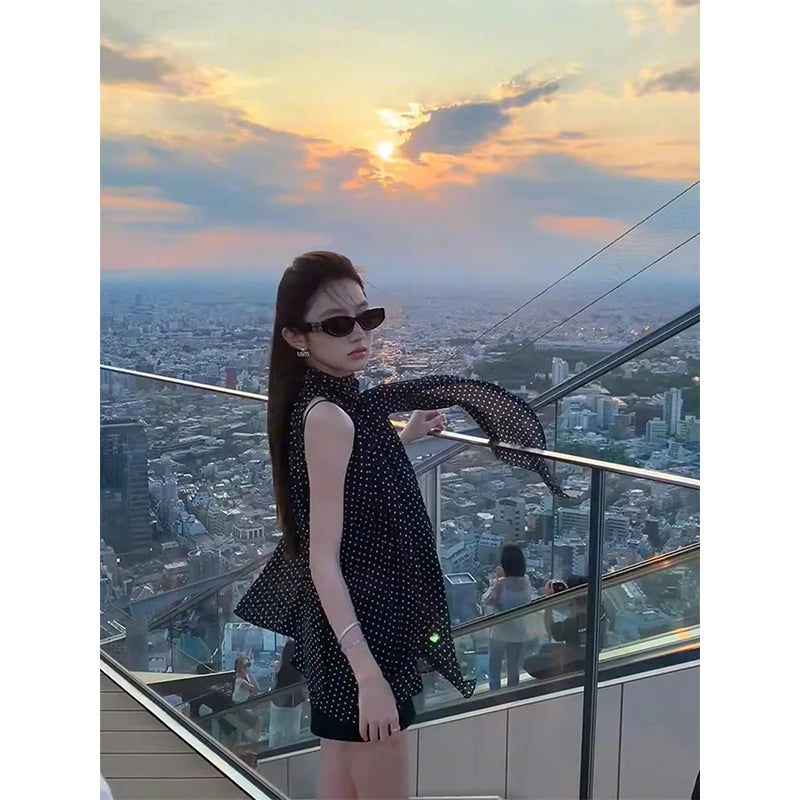 MEXZT Elegant Polka Dots Shirts Women Korean Sheer Halter Bandage Chiffon Blouses Summer Ladies Fashion Print Casual Design Tops Aviola