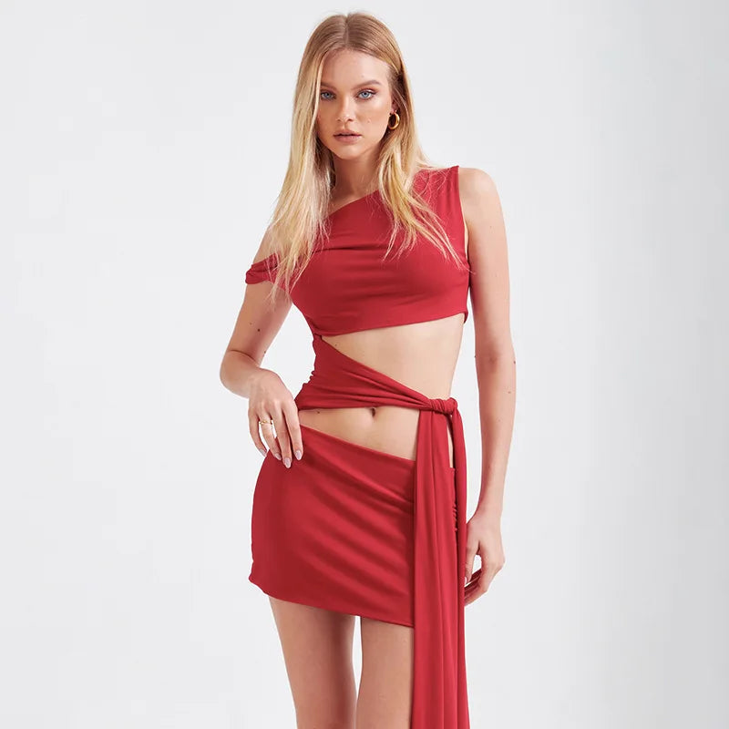 Nibber Irregular Hollow Dress Women Knot Off-The-Shoulder Bandage Biased Collar Sexy Fit Sleeveless Solid Midnight Mini Bodycon Aviola