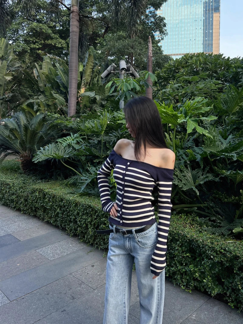MEXZT Vintage Striped Sweater Women Sexy Cropped Slash Neck Knitted Pullovers Streetwear Korean Knitwears Winter Ladies Jumpers Aviola