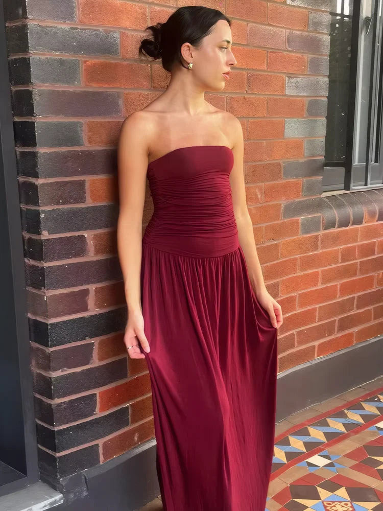 New summer sleeveless sexy strapless pleated long dress Aviola