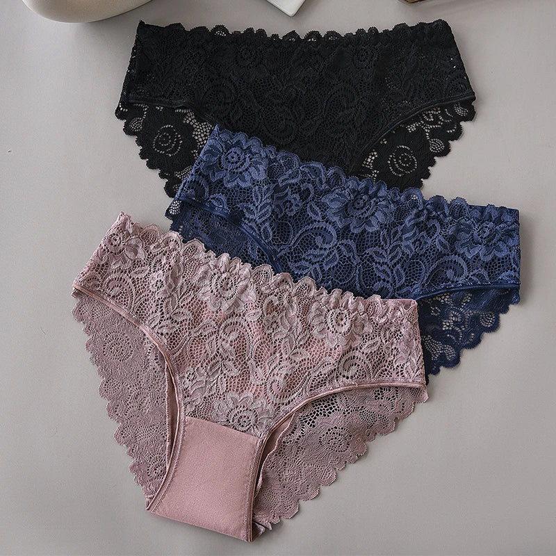 3PCS/Set Black White Apricot Solid Color Cotton Panties Sexy Female Underwear Lingerie Hollow Out Lace Briefs for Ladies Aviola